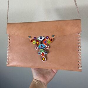 Laidback London Leather Beaded Envelope Crossbody Bag Tan